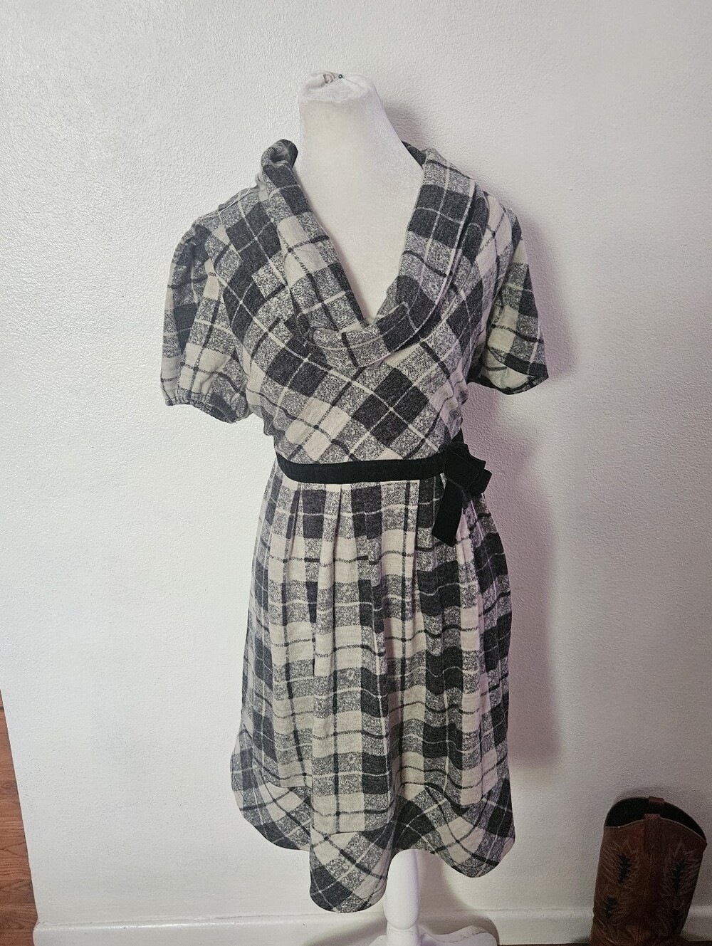 Vintage Y2K Black and White Plaid Cowl Neck Dress with Waist Tie Wool  Large